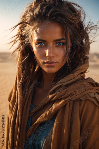 Close-up portrait of a beautiful blue eyed woman against a desert background