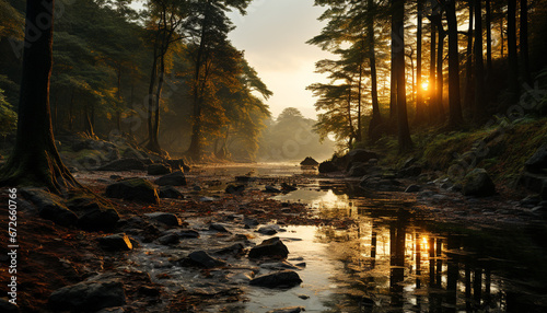 Tranquil scene of autumn forest, sunlight reflecting on tranquil pond generated by AI