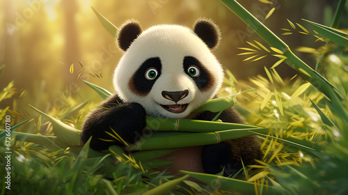 Panda with baby panda eating bamboo leaves in the jungle