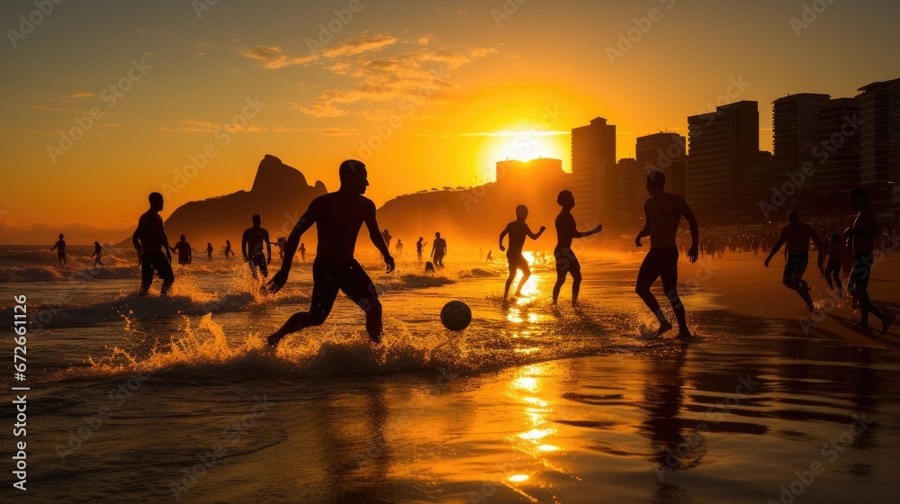 Carioca Brazilians playing altinho beach football in silhouettes kicking soccer balls in the waves of Ipanema Beach Rio de Janeiro Brazil.
