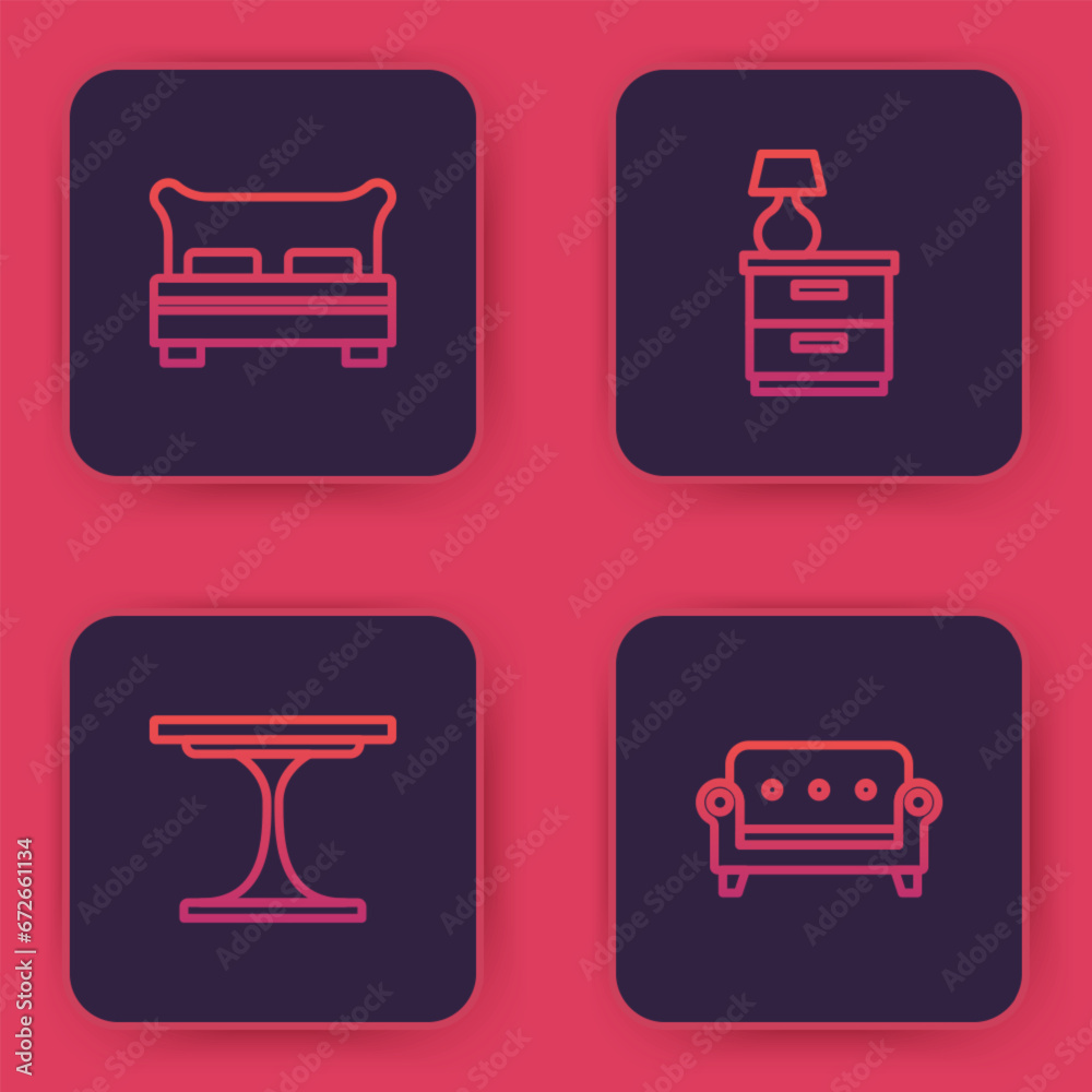 Set line Big bed, Round table, Furniture nightstand with lamp and Sofa. Blue square button. Vector Set line Big bed, Round table, Furniture nightstand with lamp and Sofa. Blue square button. Vector