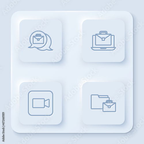 Set line Online working, , Camera and . White square button. Vector