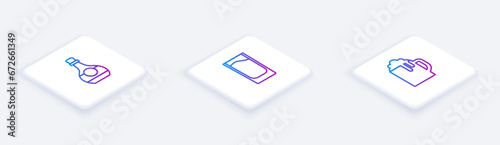 Set Isometric line Bottle of cognac or brandy, Shot glass and Wooden beer mug. White square button. Vector