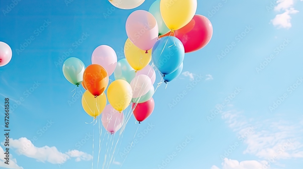 Colorful balloons flying away in blue sky. Wedding ceremony.
