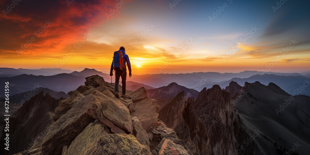 Hiker reaching the peak, shot in silhouette against a fiery sunset, layers of mountains in the background