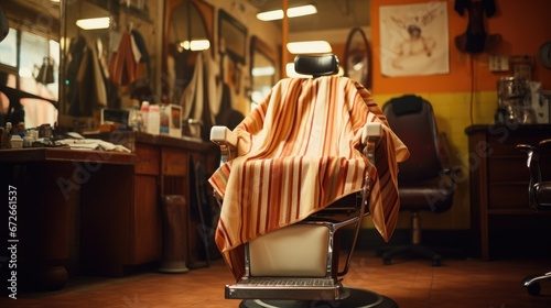 Cloth hanging from chair in retro barbershop.  © Tumelo