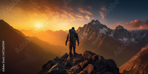 Hiker reaching the peak, shot in silhouette against a fiery sunset, layers of mountains in the background