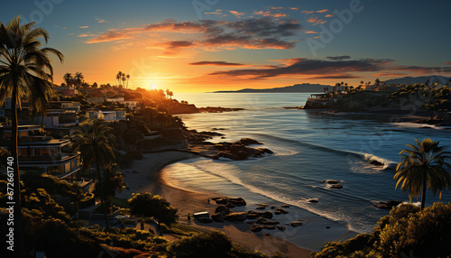 Sunset over tropical coastline, water reflects beauty in nature generated by AI