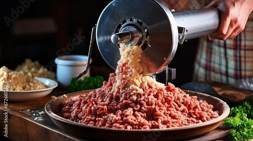 Canvas Print Cooking minced meat in a meat grinder