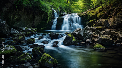 Long exposure of a waterfall along a hiking trail, capturing the smooth flow of water and stationary rocks, lush greenery