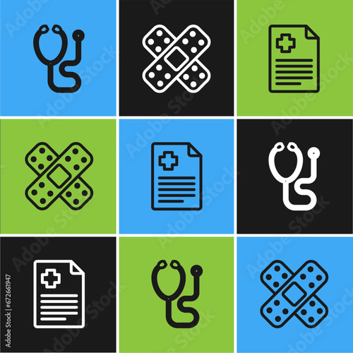 Set line Stethoscope, Patient record and Crossed bandage plaster icon. Vector