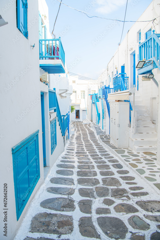 Mykonos, Greece. Wiew of whitewashed cycladic street in beautiful Mykonos town, Cyclades Greek Islands.