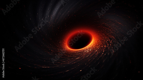 Supermassive Black Hole Event Horizon, dark silhouette, accretion disk glowing, gravitational lensing, abstract