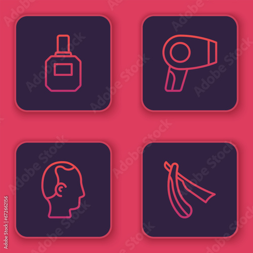 Set line Aftershave, Baldness, Hair dryer and Straight razor. Blue square button. Vector