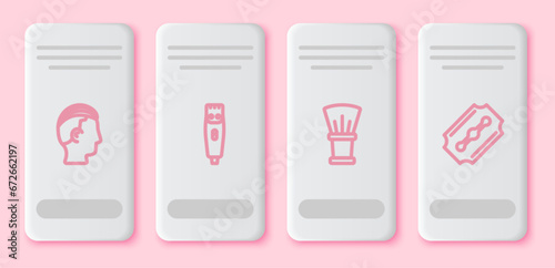 Set line Hairstyle for men, clipper, Shaving brush and Blade razor. White rectangle button. Vector