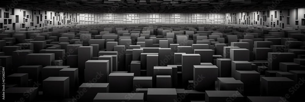 Fototapeta premium labyrinthine office layout with rows of monotonous cubicles stretching into the distance, bleak atmosphere, fluorescent lighting