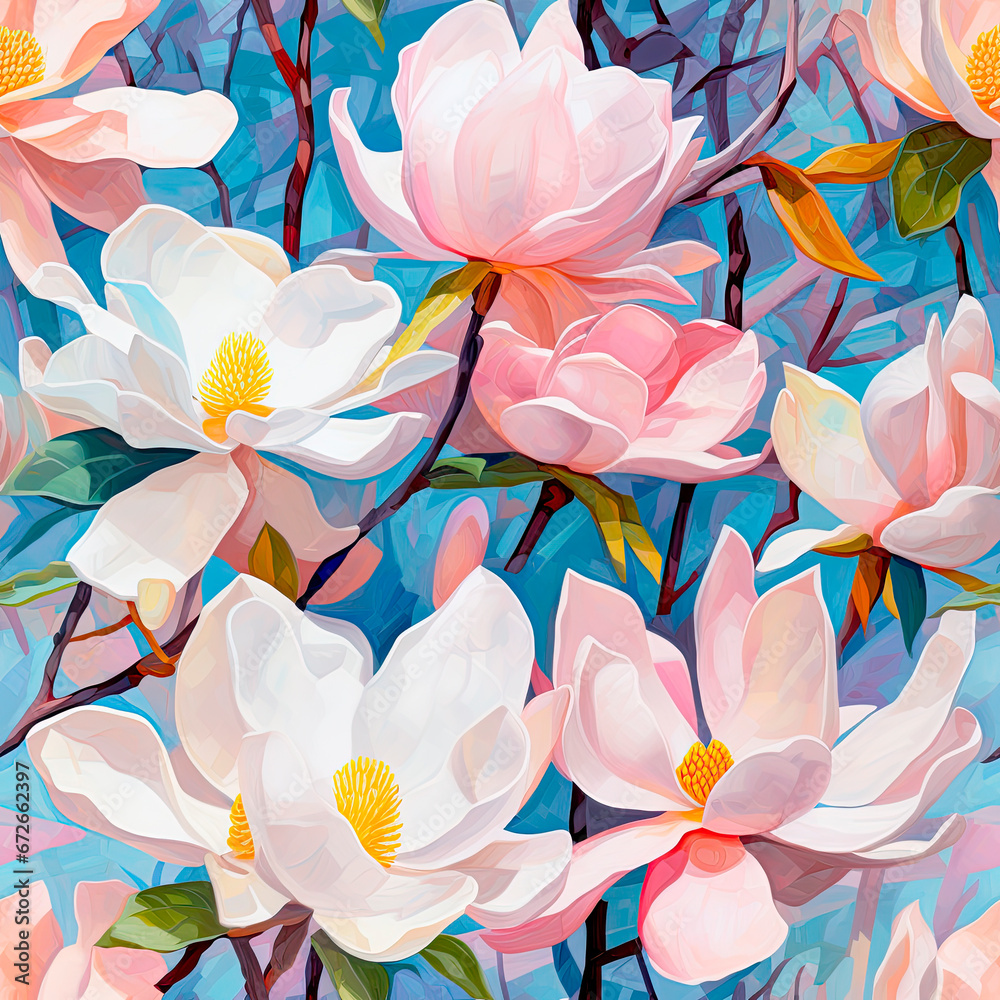 An artistic illustration featuring delicate pink magnolia flowers in bloom, set against a geometric mosaic-like blue background. An artistic illustration featuring delicate pink magnolia flowers in bloom, set against a geometric mosaic-like blue background.