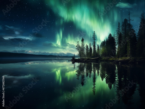 Aurora Borealis, surreal art, hyper-realistic, ethereal greens and blues, mirrored in a lake