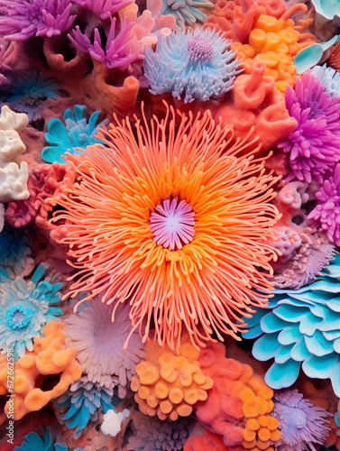 Coral kaleidoscope: A bird’s-eye view of a coral atoll, fragmented into a kaleidoscope pattern, vibrant palette