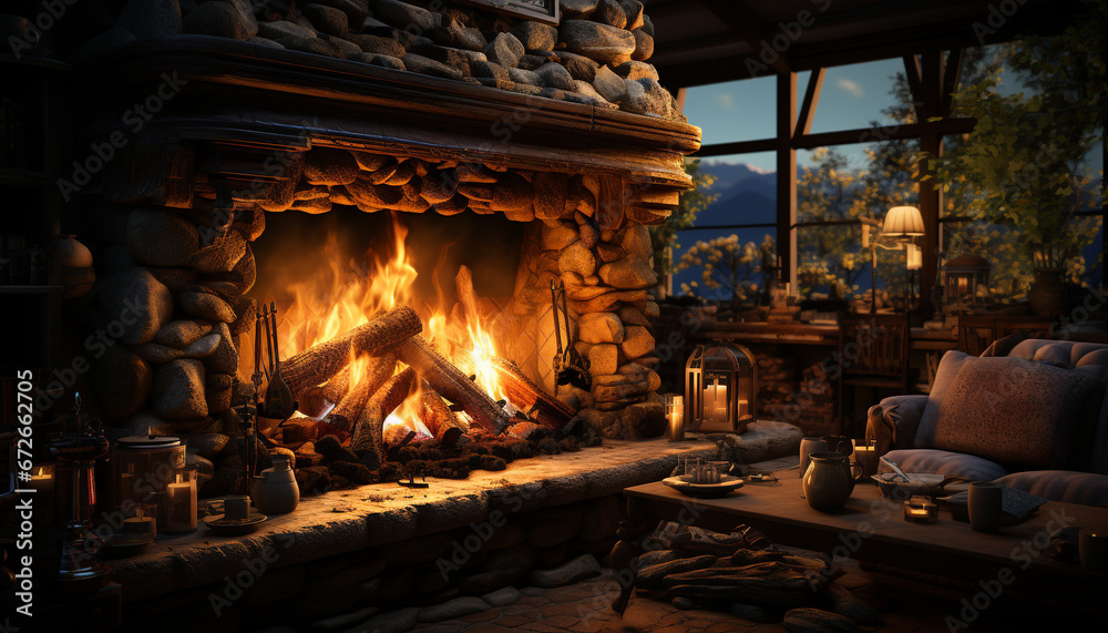A cozy, glowing log fire illuminates the comfortable winter living room generated by AI