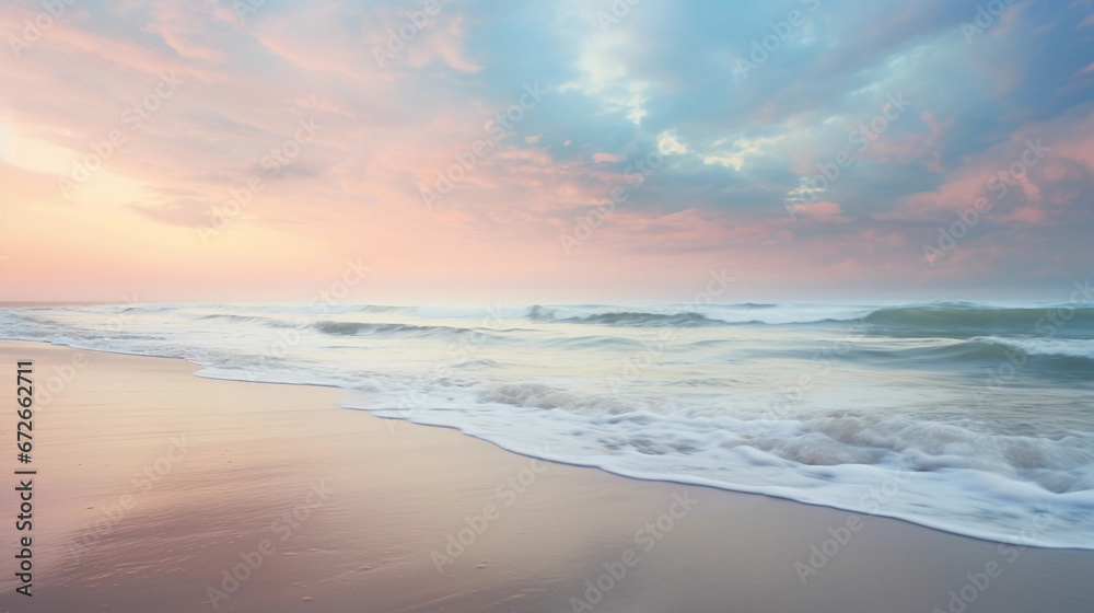 Impressionist seashore: Soft pastel colors of the beach at twilight, blending sky, sand, and sea, using tilt-shift lens for selective focus