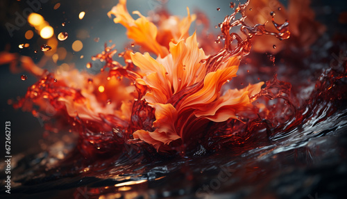 Flaming flower head glows underwater, splashing vibrant colors in motion generated by AI