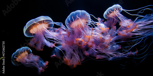 Jellyfish ballet: Abstract dance of jellyfish in deep ocean, radial blur effect, glowing edges