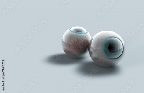 The 3D rendering illustration shows an image of an eyeball on a white background with bright lighting.