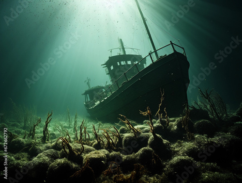 Shipwreck in ocean depths: Dilapidated ship enveloped by seaweed and barnacles, shot in a chiaroscuro style © Marco Attano