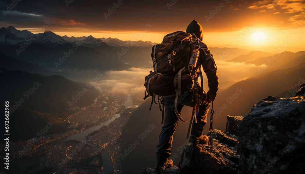 Men hiking mountain peak, backpacks filled with adventure and exploration generated by AI - obrazy, fototapety, plakaty 