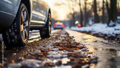 Car speeds through traffic on wet, slippery asphalt, headlights reflecting generated by AI