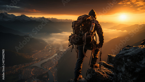 Men hiking mountain peak, backpacks filled with adventure and exploration generated by AI