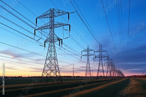 Transmission towers with illuminating cables under a clear sky - power concept. Generative AI