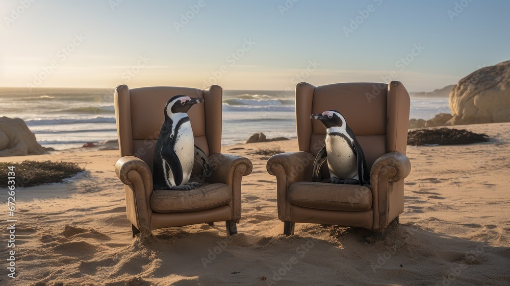 Jackass penguins on chair watching television, side view.
Jackass penguins on chair watching television, side view.