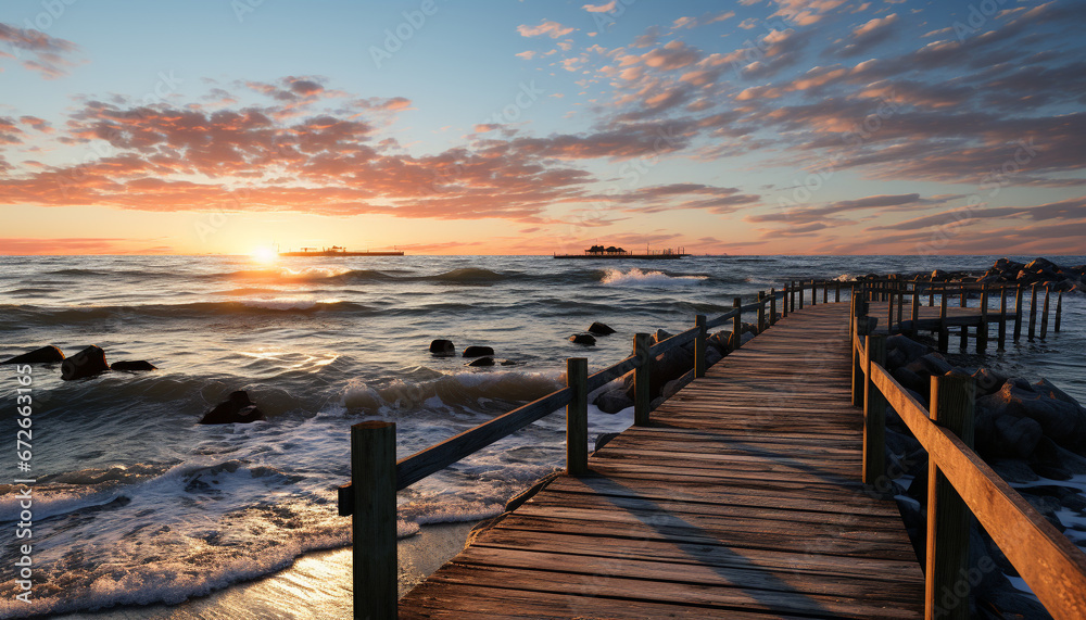 Obraz premium Sunset over tranquil water, a picturesque landscape of natural beauty generated by AI