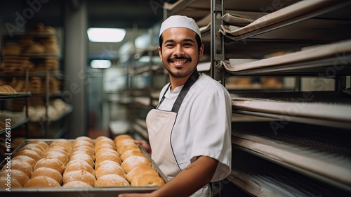 Latin American baker moving trays of freshly baked bread at a bakery - small business concepts. 