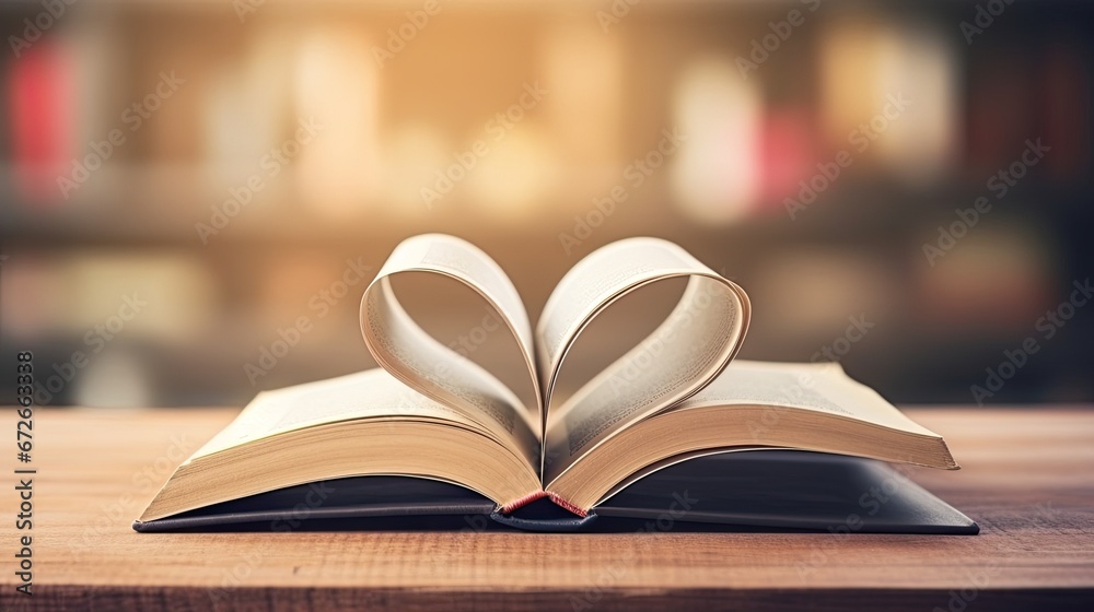 Love story book with open page of literature in heart shape and stack piles of textbooks on reading desk in library, school study room for national library lovers month and education learning concept. - obrazy, fototapety, plakaty 
