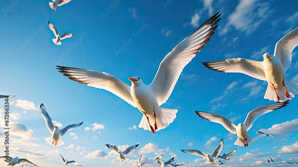 Obraz premium Low angle view of seagulls flying against sky,County Limerick,Ireland. 
