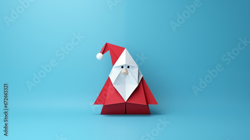 Ilustrowany Święty Mikołaj origami - mikołajki. Niebieskie tło na baner lub życzenia świąteczne.