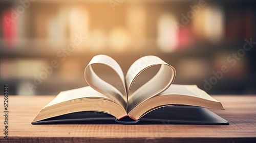 Love story book with open page of literature in heart shape and stack piles of textbooks on reading desk in library, school study room for national library lovers month and education learning concept. photo