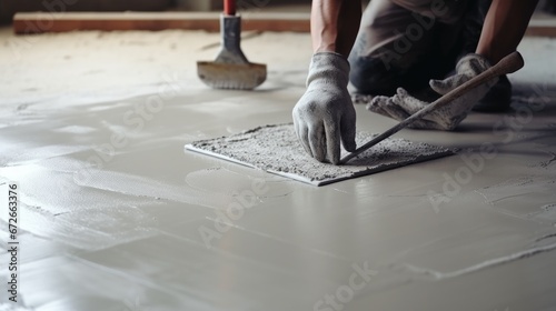 male worker's hands and metal trowel tool. spreading cement based underlayment on concrete floor base. laying large ceramic tile floor. work in progress. construction work process concept.
