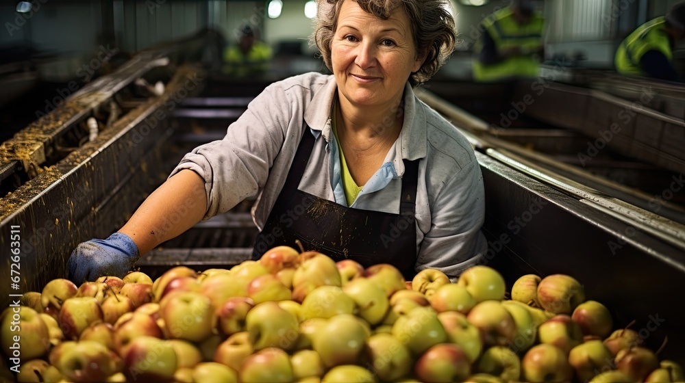 Mature female worker sorting apples in apple processing factory, elevated view.
Mature female worker sorting apples in apple processing factory, elevated view.