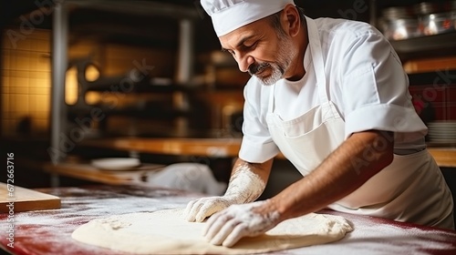 Middle-aged man worker in protective uniform rolls out pizza dough by hand in pizzeria at chilled pizza production. 