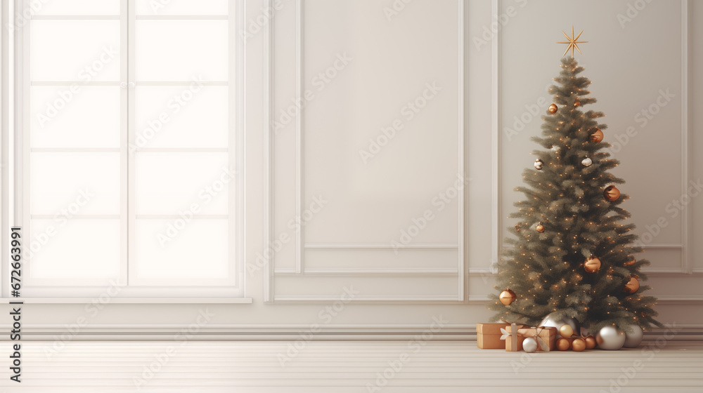 Jasne tło świąteczne na życzenia z ozdobioną choinką w domu, z oknem i z prezentami na Święta Bożego Narodzenia.  - obrazy, fototapety, plakaty 