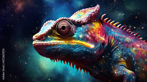 Mystical chameleon blending with cosmic nebulas and stars Ai Generative