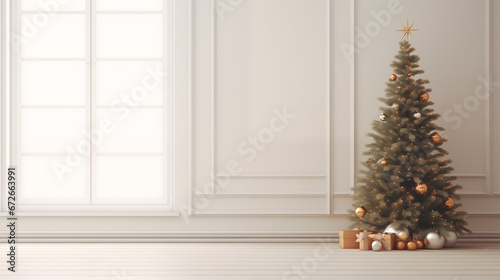 Jasne tło świąteczne na życzenia z ozdobioną choinką w domu, z oknem i z prezentami na Święta Bożego Narodzenia.  photo