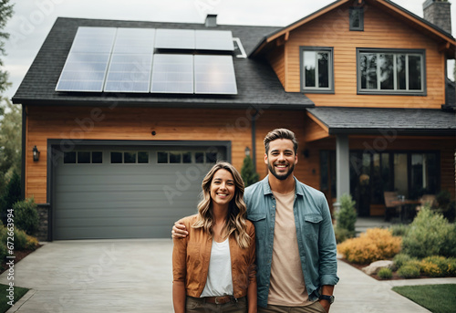 A happy couple stands smiling in the driveway of a large house with solar panels installed. Real estate new home concept. america people, full body