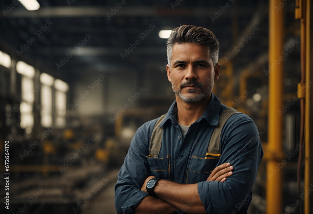 Closeup of a confident engineer male factory with arms crossed, in bright office Closeup of a confident engineer male factory with arms crossed, in bright office