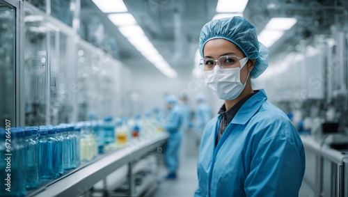 Biotechnology production facility, pharma. Clean production room with worker in blue protective clothes. photo