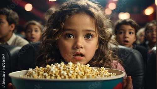 Close up of a Little girl with astonished and surprised look is watching a movie in a cinema  pop corn 